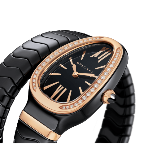 Serpenti Spiga Lady watch, 35 mm black ceramic curved case, 18 kt rose gold bezel set with diamonds, 18 kt rose gold crown set with a cabochon cut ceramic element, black lacquered polished dial, black ceramic single spiral bracelet with 18 kt rose gold elements. Quartz movement, hours and minutes functions. Water proof 30 m. 102532 image 2