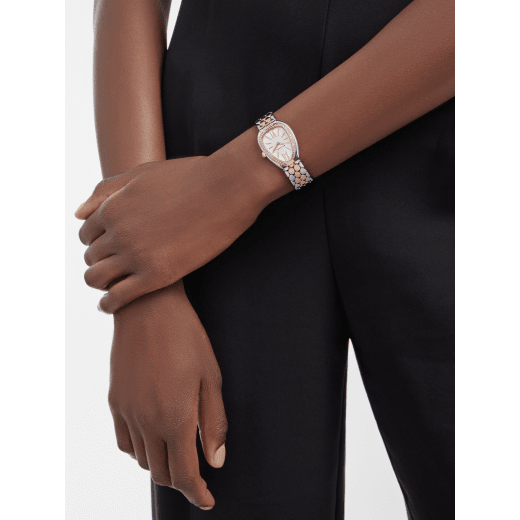Serpenti Seduttori watch with stainless steel case, 18 kt rose gold bezel set with diamonds, white dial, and 18 kt rose gold and stainless steel bracelet 103945 image 1