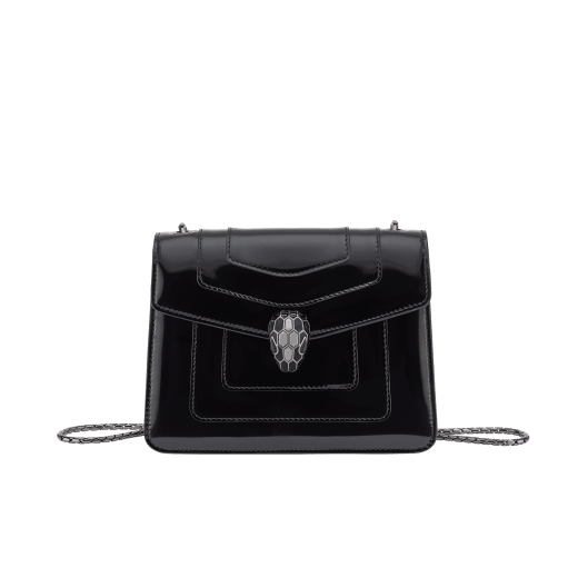 Serpenti Forever small crossbody bag in silver Striated calf leather with foggy opal grey nappa leather lining. Captivating snakehead magnetic closure in light gold-plated brass embellished with brushed grey enamel and light gold-plated brass scales and black onyx eyes. 422-CLc image 1