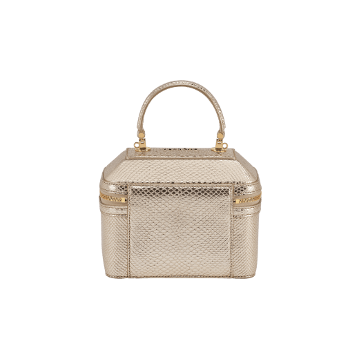 Serpenti Forever jewelry box bag in light gold Molten karung skin with black nappa leather lining. Captivating snakehead zip pullers and chain strap decors in light gold-plated brass. 1177-MoltK image 3