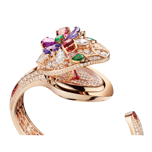 Serpenti Seduttori watch with 18 kt rose gold head set with brilliant cut and navette cut diamonds, pear shaped rubellite, tourmaline, tanzanite and violet garnets, one round cut emerald and two emerald eyes, 18 kt rose gold case, 18 kt rose gold dial set with brilliant cut diamonds, 18 kt rose gold bracelet set with brilliant cut diamonds and baguette tourmalines. 102823 image 2