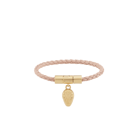 Serpenti Forever braided bracelet in star rose pink calf leather. Gold-plated brass captivating snakehead charm attached on the frontal clasp closure. SERP-HERBRAID-WCL-E image 1