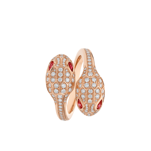 Serpenti Seduttori Ring mit zwei Schlangenköpfen aus 18 Karat Roségold mit Augen aus Rubellit und Diamant-Pavé AN859033 image 2