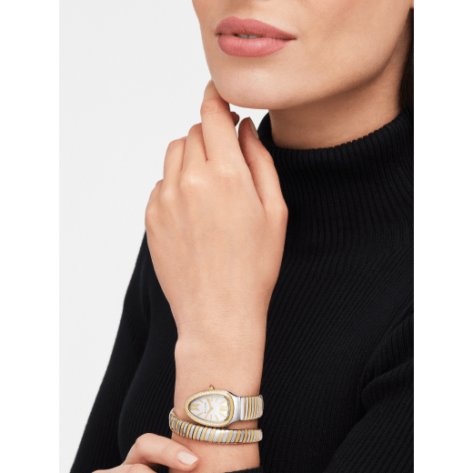 Serpenti Tubogas single-spiral watch with 18 kt yellow gold and stainless steel case set with diamonds, white opaline dial with guilloché soleil treatment and bracelet in 18 kt yellow gold and stainless steel. Water-resistant up to 30 metres 103648 image 4