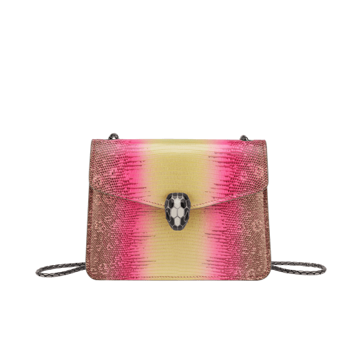 Serpenti Forever small crossbody bag in white agate shiny lizard skin with beige and gray shades, and with caramel topaz beige nappa leather lining. Captivating snakehead closure in dark ruthenium-plated brass embellished with brown-green and ivory opal enamel scales and black onyx eyes. 422-L image 1
