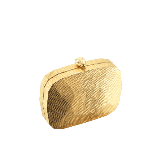 "BVLGARI Cocktail" hard clutch in "Molten" gold karung skin with black nappa leather inner lining. New Serpenti head closure in gold-plated brass complete with ruby-red enamel eyes. 526-BRILLIANTCUT image 1