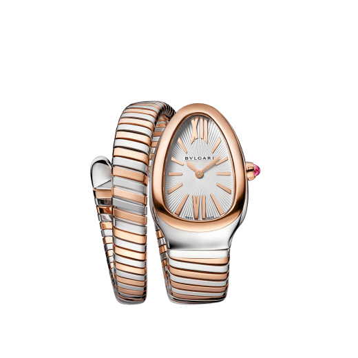 Serpenti Tubogas single-spiral watch in 18 kt rose gold and stainless steel with white opaline dial with guilloché soleil treatmen. Water-resistant up to 30 metres SERPENTI-TUBOGAS-1T-whiteDial image 1