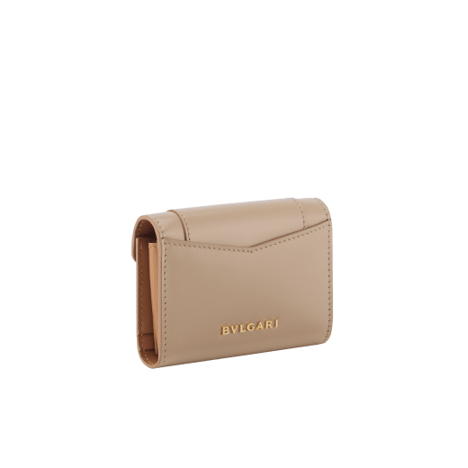 Serpenti Forever business card holder in travertine calf leather with a desert jasper nappa leather interior. Captivating snakehead press-button closure in gold-plated brass embellished with beige noisette enamel, and black enamel eyes. 295116 image 3