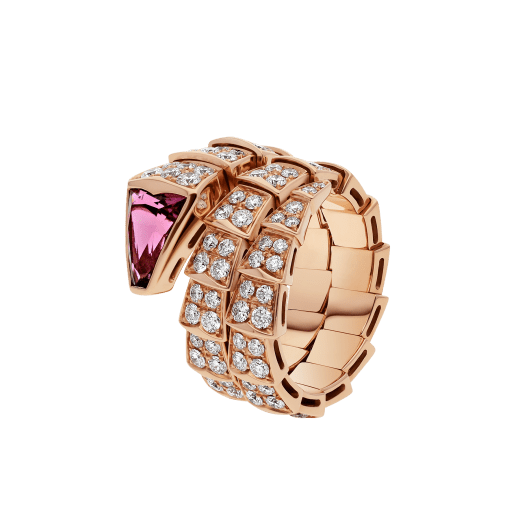 Serpenti Viper two-coil ring in 18 kt rose gold, set with full pavé diamonds and a rubellite on the head. AN856156 image 1