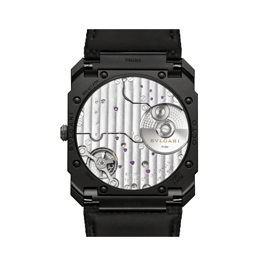 Octo Finissimo Automatic watch with mechanical manufacture ultra-thin movement (2.23 mm thin), automatic winding, platinum microrotor, black DLC-coated sandblasted titanium case, black dial, hands and indexes, and black rubber bracelet. Water-resistant up to 30 metres. 104268 image 4