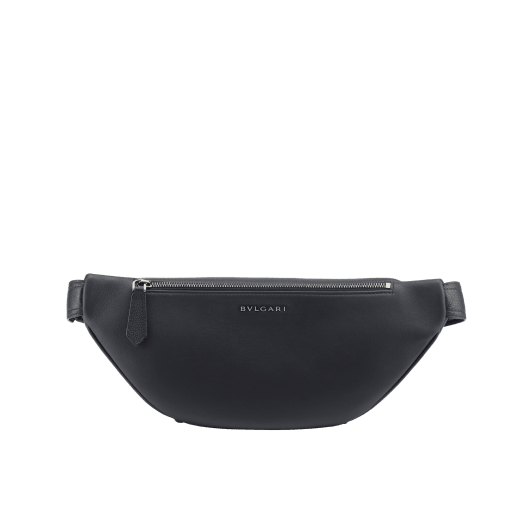 BULGARI Man small belt bag in Olympian sapphire blue smooth and grainy metal-free calf leather with Olympian sapphire blue regenerated nylon (ECONYL®) lining. Dark ruthenium-plated brass hardware, hot stamped BULGARI logo and zipped closure. BMA-1209-CL image 3