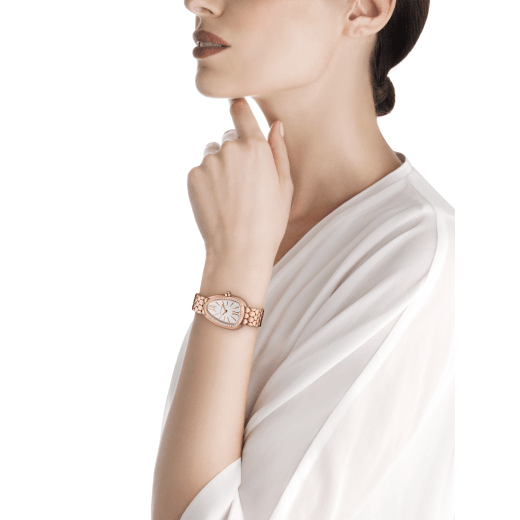 Serpenti Seduttori watch with 18 kt rose gold case, 18 kt rose gold bezel set with diamonds, white silver opaline dial and brushed 18 kt rose gold bracelet. 103169 image 4