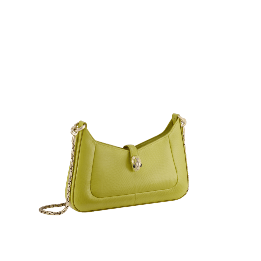 Serpenti Baia small shoulder bag in linden peridot yellowish green Pure karung skin with crystal rose pink nappa leather lining. Captivating snakehead magnetic closure in light gold-plated brass embellished with linden peridot yellowish green enamel. It features light gold-plated brass scales with black onyx eyes; additional zipped top closure. 293744 image 2
