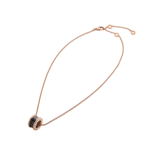 B.zero1 necklace with 18 kt rose gold chain and round pendant with two 18 kt rose gold loops set with pavé diamonds on the edges and a black ceramic spiral. 350056 image 2