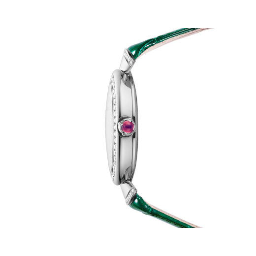 Divas’ Dream watch with mechanical manufacture movement, automatic winding, 18 kt white gold case and links set with brilliant-cut diamonds, natural peacock-feather dial and green alligator bracelet. Water-resistant up to 30 metres. Limited Edition of 25 pieces. 103885 image 3