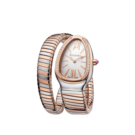 Serpenti Tubogas single spiral watch with stainless steel case, 18 kt rose gold bezel set with brilliant cut diamonds, silver opaline dial, 18 kt rose gold and stainless steel bracelet. SP35C6SPGD-1T-RG image 3
