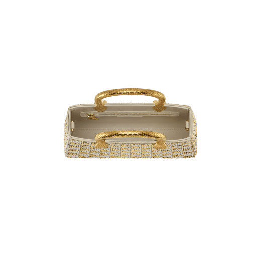 Serpentine Duo tote bag in multicolour Calla Crystals pattern on suede and black nappa leather lining. Captivating double-head snake body-shaped handles in gold-plated brass embellished with engraved scales. SRN-001-1308S-CRYS image 3