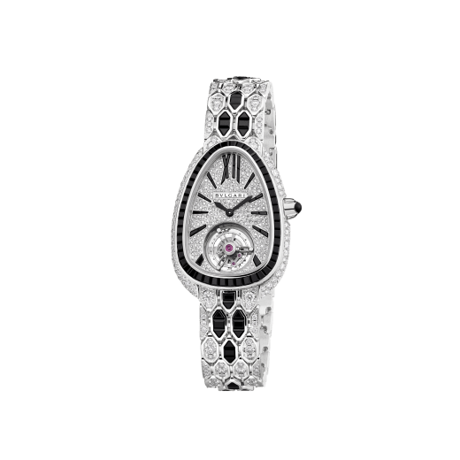 Serpenti Seduttori Tourbillon watch with mechanical manufacture movement with manual winding and tourbillon, 18 kt white gold case and bracelet set with baguette-cut black spinels and brilliant-cut diamonds, and pavé diamond-set dial. 103465 image 4