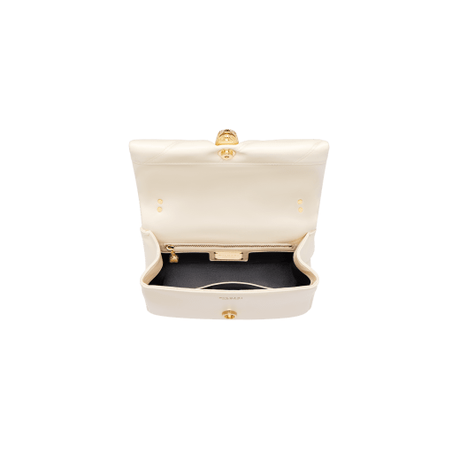 "Serpenti Cabochon" small maxi chain crossbody bag in soft quilted Ivory Opal white calf leather, with a maxi graphic motif, and black nappa leather internal lining. New Serpenti head closure in gold plated brass, finished with small white mother-of pearl scales in the middle and red enamel eyes. 1165-NSMb image 4