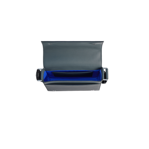 BULGARI Man small messenger bag in ivy onyx grey smooth and grainy metal-free calf leather with Olympian sapphire blue regenerated nylon (ECONYL®) lining. Dark ruthenium-plated brass hardware, hot stamped BULGARI logomania motif and magnetic flap closure. BMA-1213-CLb image 6
