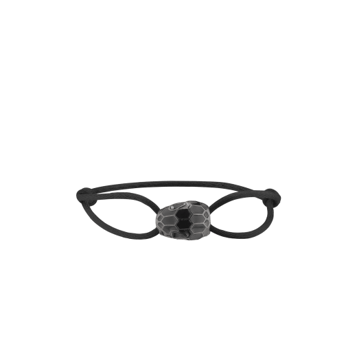 "Serpenti Forever" bracelet in Midnight Sapphire blue fabric with an alluring snakehead décor in light gold-plated brass enamelled in black and glittery Hawk's Eye grey, with seductive black enamel eyes. SERP-STRINGd image 1