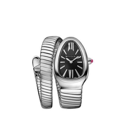 Serpenti Tubogas Uhr mit einfach geschwungenem Armband, Gehäuse und Armband aus Edelstahl und schwarzem Opalin-Zifferblatt. SrpntTubogas-black-dial2 image 1