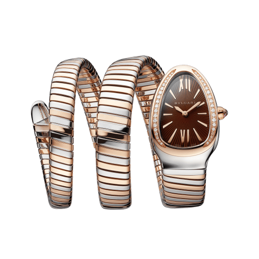 Serpenti Tubogas double spiral watch with stainless steel case, 18 kt rose gold bezel set with brilliant-cut diamonds, brown dial with guilloché soleil treatment, stainless steel and 18 kt rose gold bracelet 103070 image 1