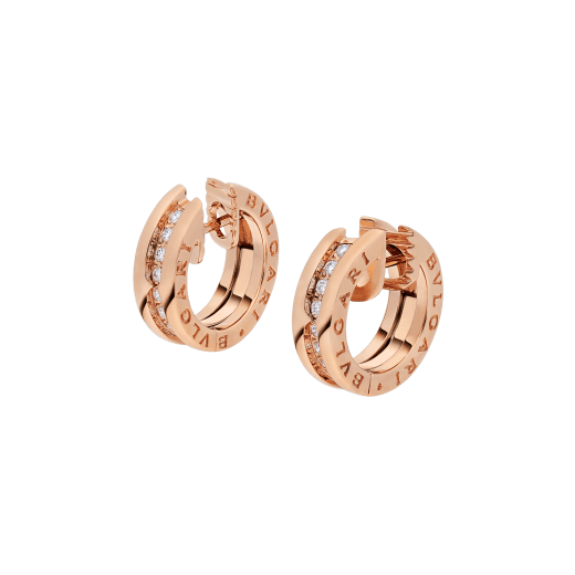 B.zero1 small hoop earrings in 18 kt rose gold set with pavé diamonds on the spiral. 348036 image 2
