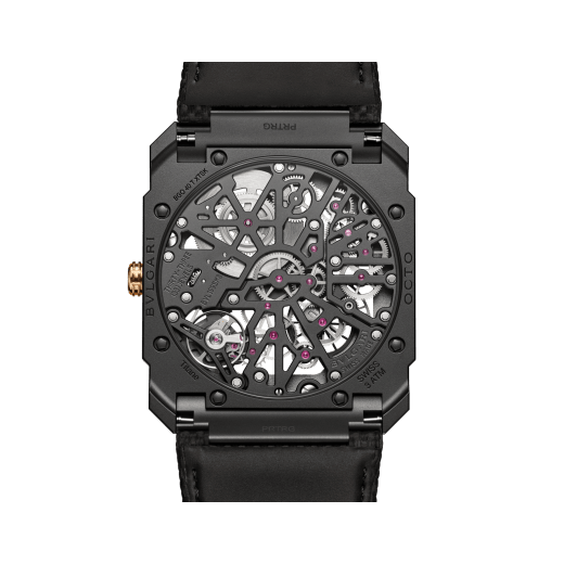 Octo Finissimo Skeleton 8 Days watch with mechanical manufacture ultra-thin movement (2.50 mm thin), manual winding, 8 days power reserve, black DLC-coated titanium case, openwork dial, rose gold-plated hands and indexes, black rubber bracelet. Water-resistant up to 30 metres 104121 image 4