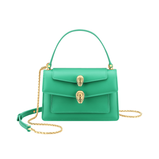 Alexander Wang x Bulgari small belt bag in spring peridot green calf leather with black nappa leather lining. Captivating double Serpenti head closure in antique gold-plated brass embellished with red enamel eyes. 291888 image 1