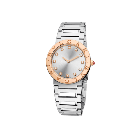 BULGARI BULGARI LADY 腕錶，精鋼錶殼和錶帶，18K 玫瑰金錶圈鐫刻雙品牌標誌，銀色太陽紋錶盤，鑽石時標。防水深度 30 公尺。 103577 image 5