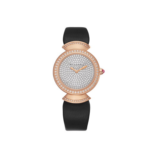DIVAS‘ DREAM Uhr mit Gehäuse aus 18 Karat Roségold mit Diamanten im Brillantschliff, Zifferblatt mit Diamant-Pavé und schwarzem Satinarmband 102432 image 1