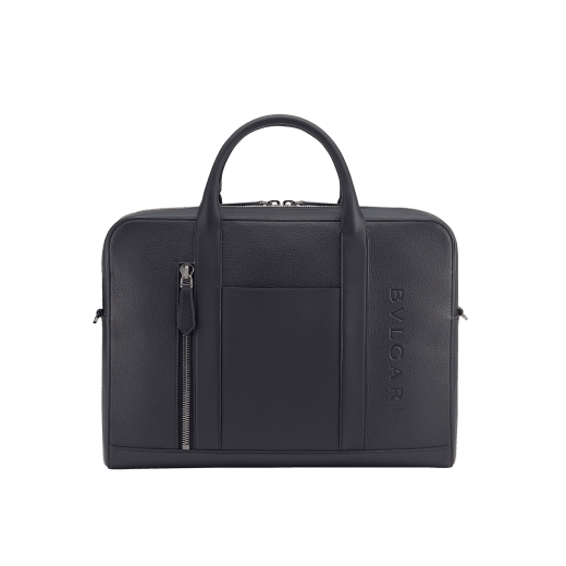 BULGARI Man medium briefcase in black smooth and grainy metal-free calf leather with Olympian sapphire blue regenerated nylon (ECONYL®) lining. Dark ruthenium-plated brass hardware, hot stamped BULGARI logo and zipped closure. BMA-1210-CL image 1