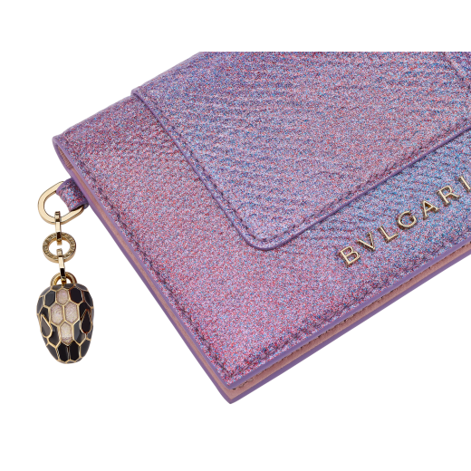 Serpenti Forever bifold card holder in Niagara sapphire blue metallic karung skin with Niagara sapphire blue calf leather interior. Captivating dark ruthenium-plated brass snakehead charm embellished with matte black enamel scales and black enamel eyes. SEA-CC-HOLDER-FOLD-MKa image 4