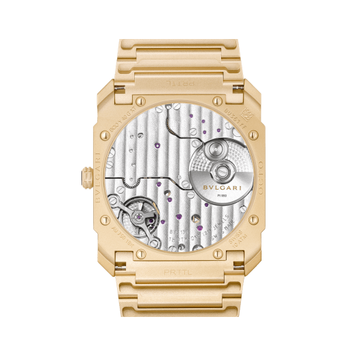 Octo Finissimo Automatic 腕錶，搭載超薄自製機械機芯（厚度僅 2.23 公釐），自動上鍊，鉑金微型自動盤，噴砂 18K 黃金錶殼和錶帶，黃金錶盤，黑色指針和時標。防水深度 100 公尺。 104190 image 4
