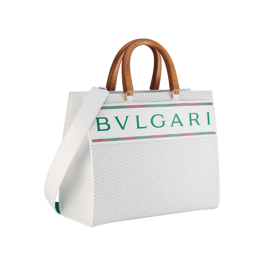 Casablanca x Bulgari large tote bag in white Tennis Groundstroke calf leather, perforated on the main body and smooth on the sides, with tennis green nappa leather lining. Iconic tennis green Bulgari decorative logo, stamped on a smooth white calf leather frame, and gold-plated brass hardware. 292331 image 2