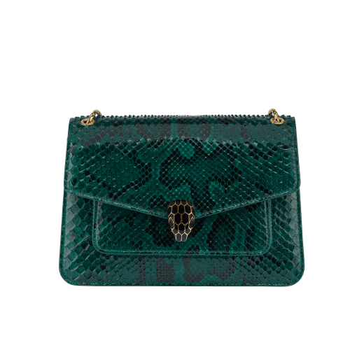 Serpenti Forever medium shoulder bag in Forest Emerald green shiny python skin with black nappa leather lining. Captivating snakehead press button closure in gold-plated brass embellished with black enamel scales, and black onyx eyes. 292580 image 1