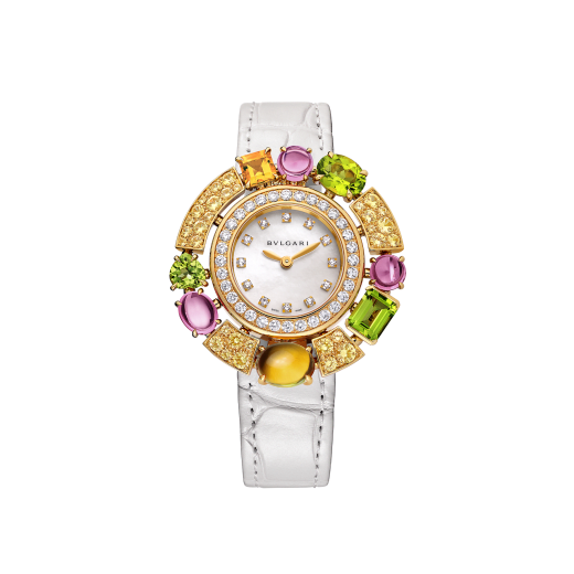 Allegra watch with 18 kt rose gold case set with brilliant-cut diamonds, 32 yellow sapphires, 3 pink tourmalines, 2 citrines and 3 peridots, mother-of-pearl dial, 12 diamond indexes and a white iridescent alligator bracelet. Water-resistant up to 30 meters 103714 image 1