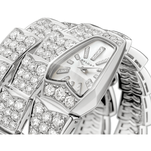 Serpenti Jewellery Watch in 18 kt white gold case and double spiral bracelet, both set with brilliant cut diamonds, white mother-of-pearl dial and diamond indexes. 101786 image 2