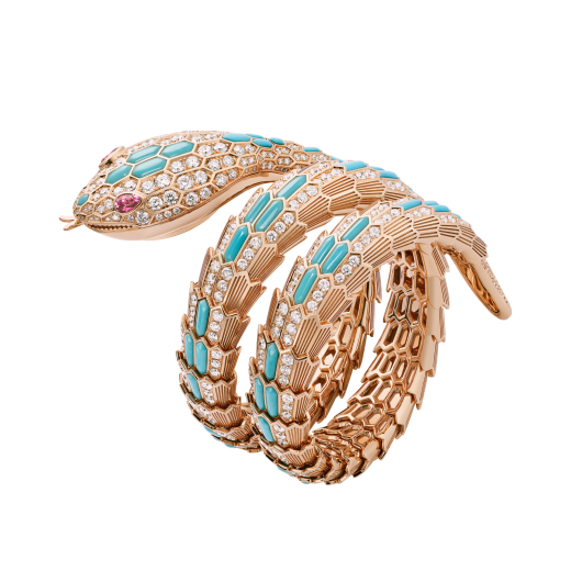 Serpenti Misteriosi High Jewellery Secret Uhr mit mechanischem Mikro-Manufakturwerk mit Handaufzug, Gehäuse und Armband aus 18 Karat Roségold mit Türkis-Intarsien, Diamanten im Brillantschliff und zwei Rubelliten im Tropfenschliff sowie Zifferblatt mit Diamant-Pavé. 103558 image 2