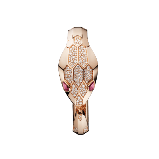 Serpenti Misteriosi Secret Watch in 18 kt rose gold case and bangle bracelet both set with round brilliant-cut diamonds, 18 kt rose gold diamond pavé dial and pear-shaped rubellite eyes. SrpntMister-SecretWtc-rose-gold2 image 1