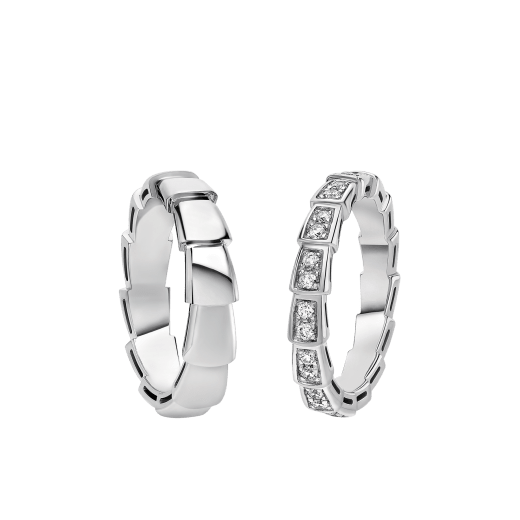Serpenti Viper couples' rings in 18 kt white gold, one of which fully set with pavé diamonds. A captivating ring set fusing mesmerising design with the snake's irresistible allure. SERPENTI-VIPER-COUPLES-RINGS-7 image 1