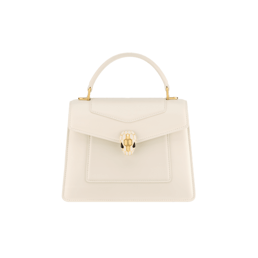 Serpenti Forever medium top handle bag in emerald green calf leather with black nappa leather lining. Captivating snakehead magnetic closure in light gold-plated brass embellished with deep jade intense green enamel and light gold-plated brass scales, and black onyx eyes. SEA-1282-CL image 1