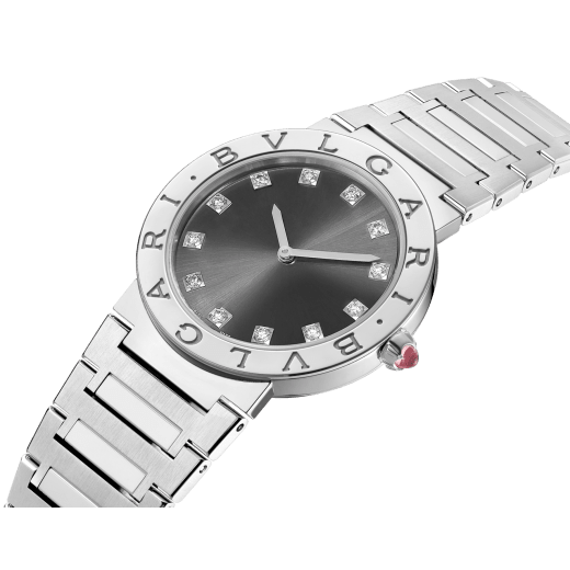 BVLGARI BVLGARI LADY watch in stainless steel case and bracelet, stainless steel bezel engraved with double logo, anthracite satiné soleil lacquered dial and diamond indexes 102923 image 2