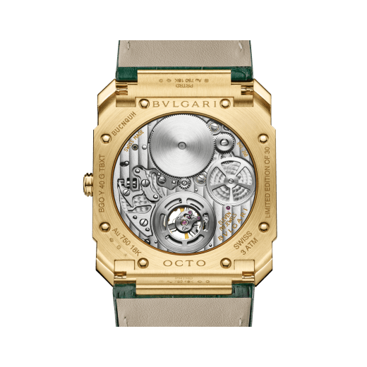 Octo Finissimo Marble Tourbillon watch with mechanical manufacture ultra-thin movement (1.95 mm thin), manual winding, flying tourbillon, satin-polished 18 kt yellow gold case, Verde Alpi green marble dial, yellow gold-plated hands and indexes and green alligator bracelet. Water-resistant up to 30 metres 104171 image 4