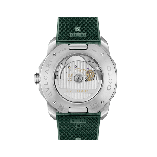 Octo Roma watch in satin-brushed and polished stainless steel with additional interchangeable green rubber strap and green Clous de Paris dial. Mechanical manufacture movement with automatic winding. Water-resistant up to 100 metres. 104091 image 9