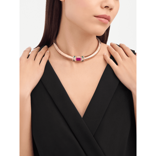 Bvlgari Tubogas 項鍊，18K 玫瑰金材質，鑲飾 1 顆紅碧璽、綠玉髓元素和密鑲鑽石。 CL860177 image 2