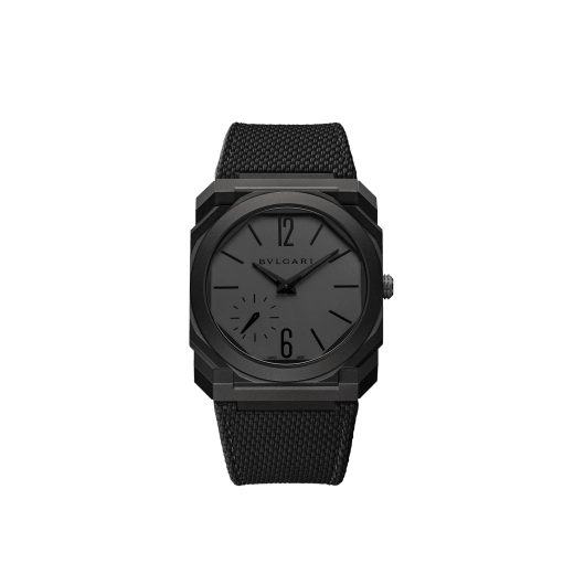 Octo Finissimo Automatic watch with mechanical manufacture ultra-thin movement (2.23 mm thin), automatic winding, platinum microrotor, black DLC-coated sandblasted titanium case, black dial, hands and indexes, and black rubber bracelet. Water-resistant up to 30 metres. 104268 image 1