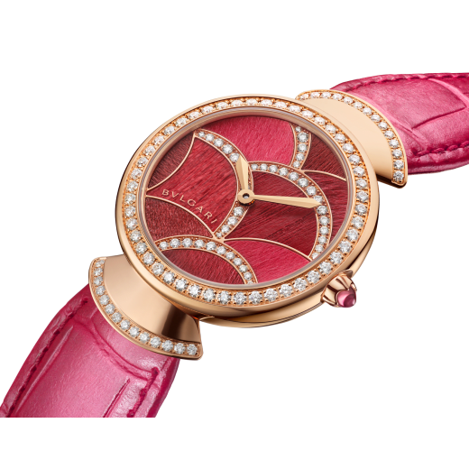 Divas' Dream watch with 18 kt rose gold case set with brilliant-cut diamonds, marquetry dial set with red wood elements and brilliant-cut diamonds, and red alligator bracelet. Water-resistant up to 30 metres 103995 image 2