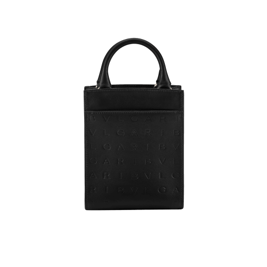 Bulgari Logo mini tote bag in black calf leather with hot-stamped Infinitum pattern and teal topaz green grosgrain lining. Light gold-plated brass hardware. BVL-1228S-ICLa image 3